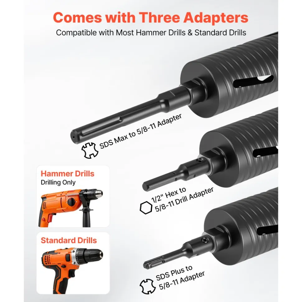 VEVOR Core Drill Bit, 3 inch Diameter, 9-1/2 inch Drilling Depth, 5/8-11 Internal Thread, Diamond Dry Coring Bit with 3 Adapters, Pilot Drill and Hex Wrench, for Concrete, Red Bricks, and Masonry