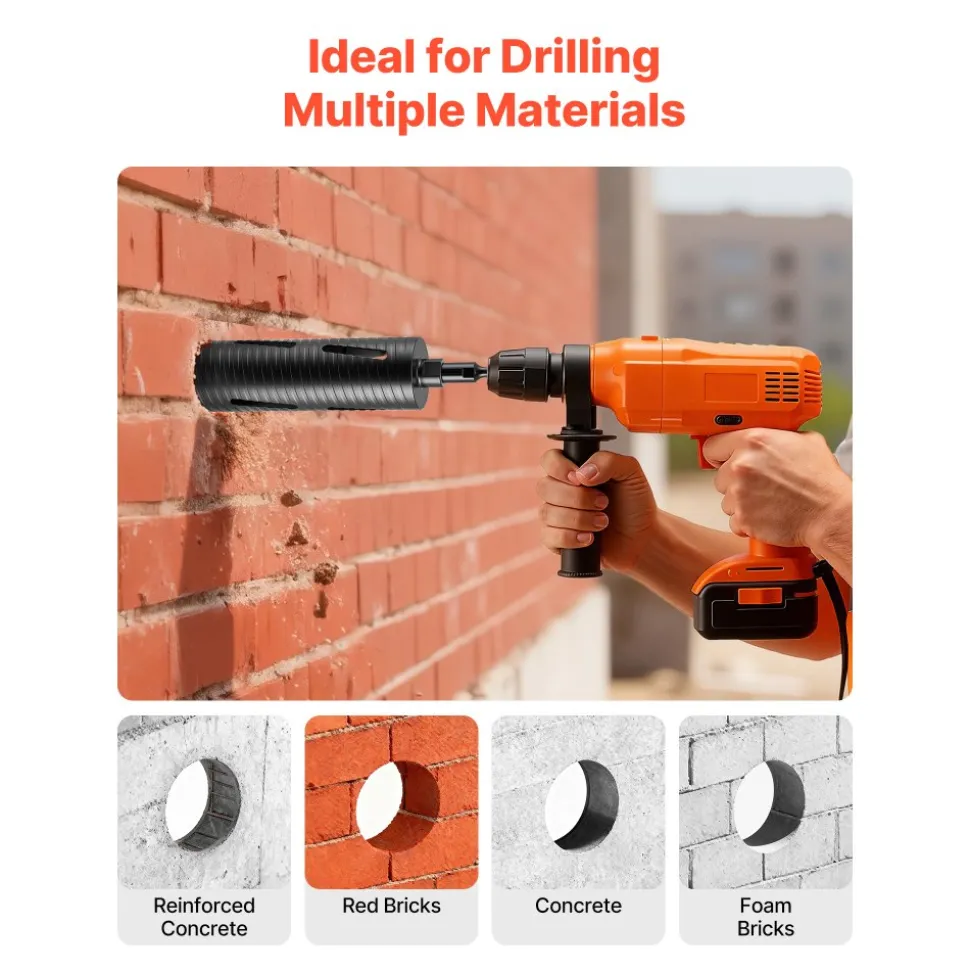 VEVOR Core Drill Bit, 3 inch Diameter, 9-1/2 inch Drilling Depth, 5/8-11 Internal Thread, Diamond Dry Coring Bit with 3 Adapters, Pilot Drill and Hex Wrench, for Concrete, Red Bricks, and Masonry
