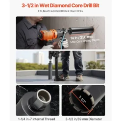 VEVOR Core Drill Bit, 3-1/2 inch Diameter, 14 inch Drilling Depth, 1-1/4 in-7 Internal Thread, High-Precision Welding Technology, Wet Diamond Core Bit for Reinforced Concrete, Bricks, and Masonry
