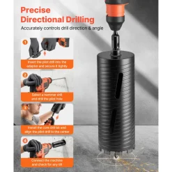 VEVOR Core Drill Bit, 4 inch Diameter, 14 inch Drilling Depth, 1-1/4 in-7 Internal Thread, High-Precision Welding Technology, Wet Diamond Core Bit for Reinforced Concrete, Red Bricks, and Masonry
