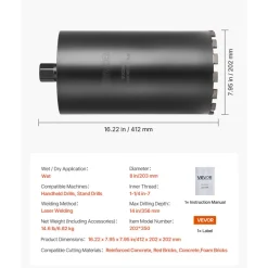 VEVOR Core Drill Bit, 2-1/2 inch Diameter, 9-1/2 inch Drilling Depth, 5/8-11 Internal Thread, Diamond Dry Coring Bit with 3 Adapters, Pilot Drill and Hex Wrench, for Concrete, Red Bricks, and Masonry