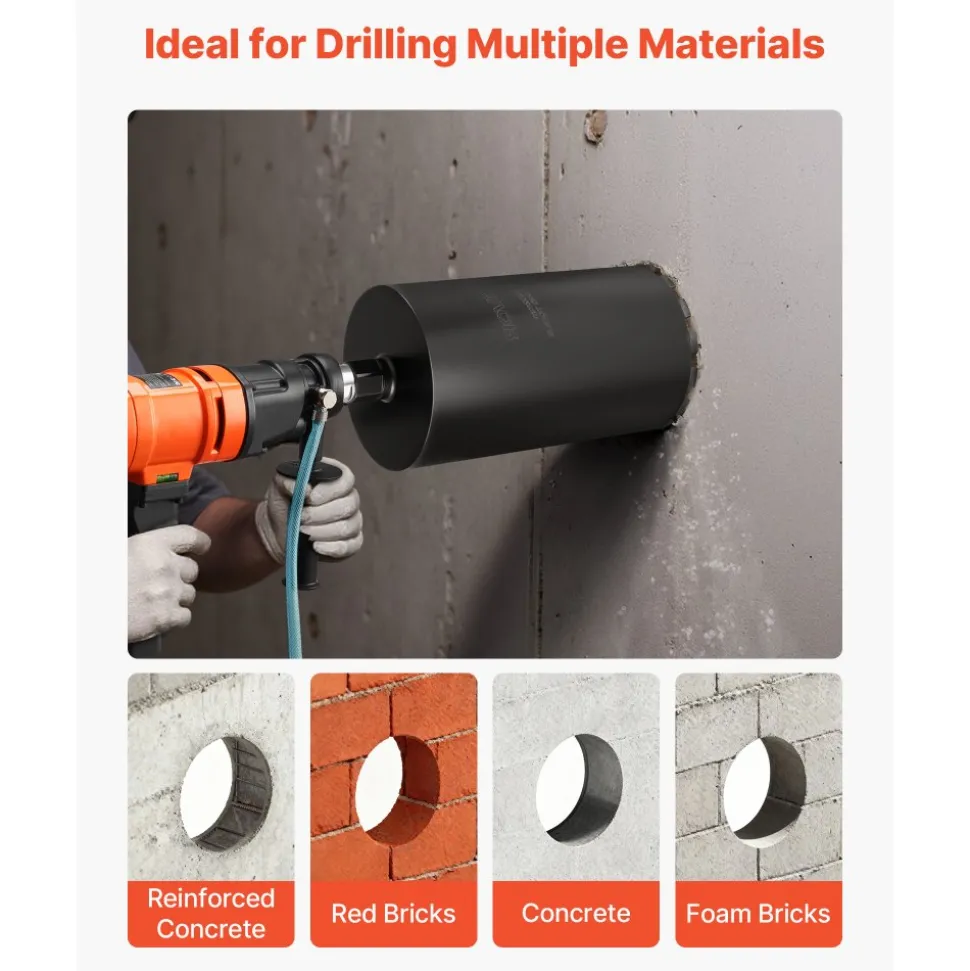VEVOR Core Drill Bit, 2-1/2 inch Diameter, 9-1/2 inch Drilling Depth, 5/8-11 Internal Thread, Diamond Dry Coring Bit with 3 Adapters, Pilot Drill and Hex Wrench, for Concrete, Red Bricks, and Masonry