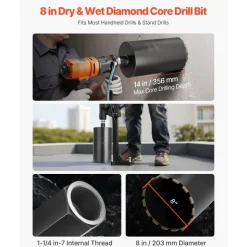 VEVOR Core Drill Bit, 2-1/2 inch Diameter, 9-1/2 inch Drilling Depth, 5/8-11 Internal Thread, Diamond Dry Coring Bit with 3 Adapters, Pilot Drill and Hex Wrench, for Concrete, Red Bricks, and Masonry