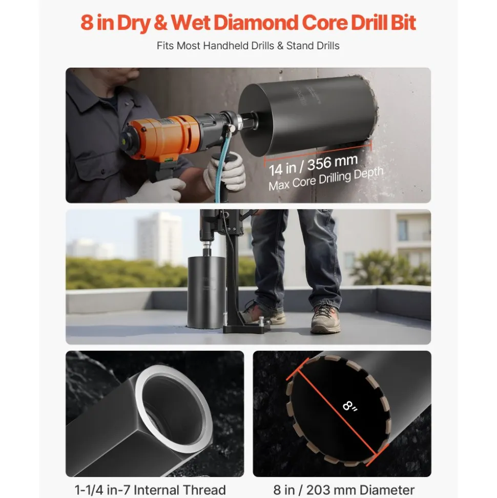 VEVOR Core Drill Bit, 2-1/2 inch Diameter, 9-1/2 inch Drilling Depth, 5/8-11 Internal Thread, Diamond Dry Coring Bit with 3 Adapters, Pilot Drill and Hex Wrench, for Concrete, Red Bricks, and Masonry