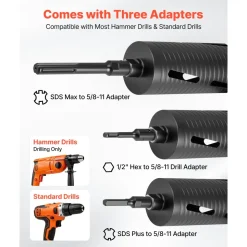 VEVOR Core Drill Bit, 3-1/2 inch Diameter, 9-1/2 inch Drilling Depth, 5/8-11 Internal Thread, Diamond Dry Coring Bit with 3 Adapters, Pilot Drill and Hex Wrench, for Concrete, Red Bricks, and Masonry