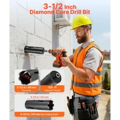 VEVOR Core Drill Bit, 3-1/2 inch Diameter, 9-1/2 inch Drilling Depth, 5/8-11 Internal Thread, Diamond Dry Coring Bit with 3 Adapters, Pilot Drill and Hex Wrench, for Concrete, Red Bricks, and Masonry