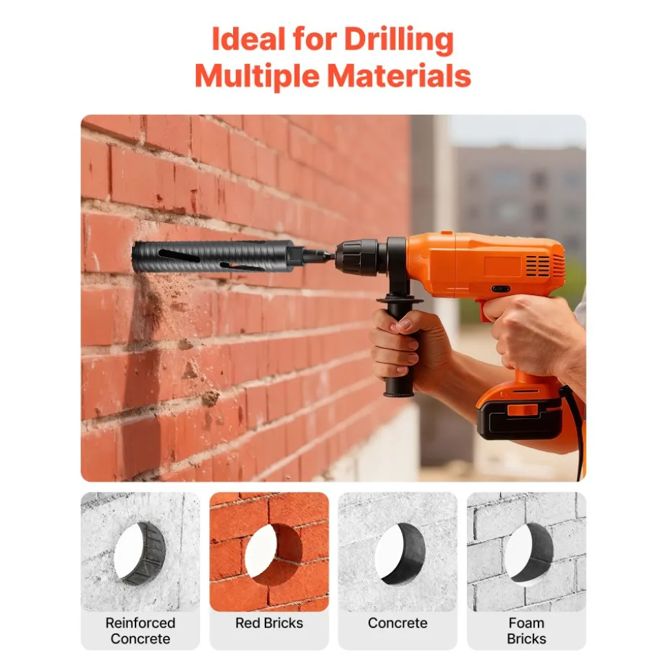 VEVOR Core Drill Bit, 2 inch Diameter, 9-1/2 inch Drilling Depth, 5/8-11 Internal Thread, Diamond Dry Coring Bit with 3 Adapters, Pilot Drill and Hex Wrench, for Concrete, Red Bricks, and Masonry