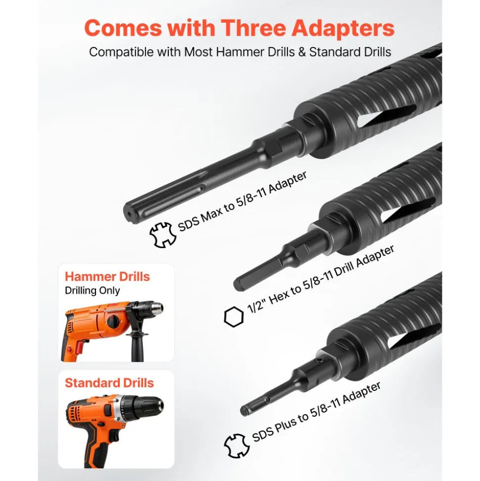 VEVOR Core Drill Bit, 2 inch Diameter, 9-1/2 inch Drilling Depth, 5/8-11 Internal Thread, Diamond Dry Coring Bit with 3 Adapters, Pilot Drill and Hex Wrench, for Concrete, Red Bricks, and Masonry