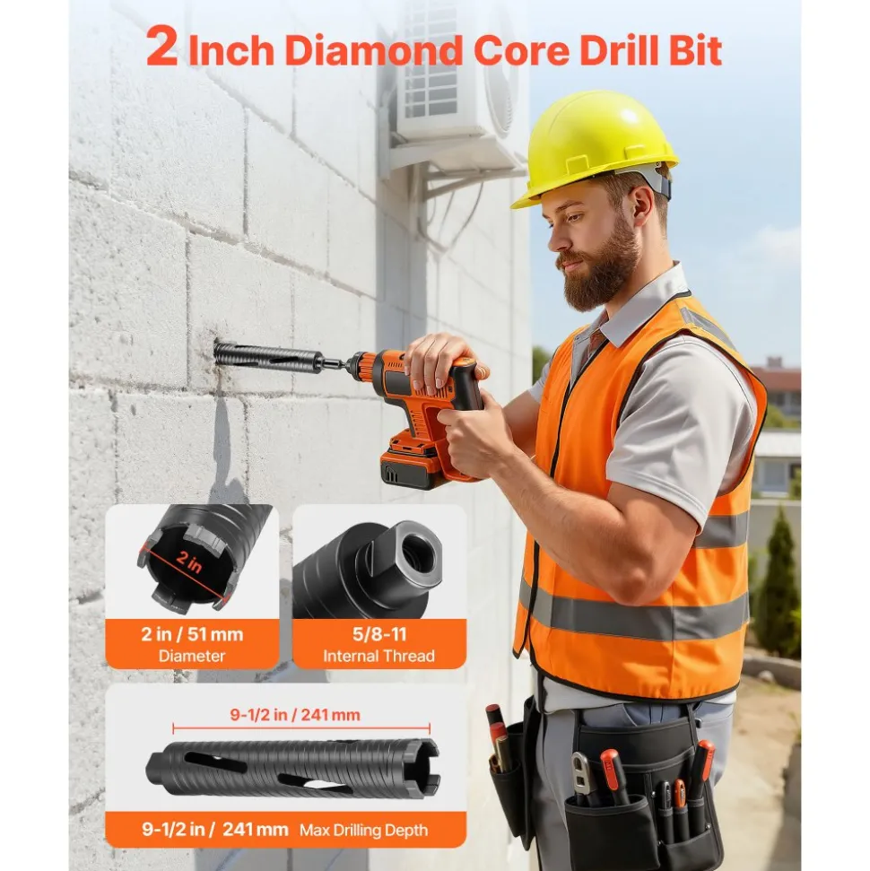 VEVOR Core Drill Bit, 2 inch Diameter, 9-1/2 inch Drilling Depth, 5/8-11 Internal Thread, Diamond Dry Coring Bit with 3 Adapters, Pilot Drill and Hex Wrench, for Concrete, Red Bricks, and Masonry
