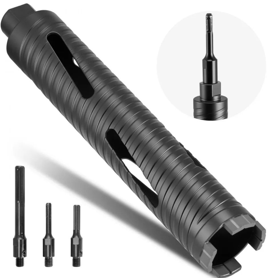 VEVOR Core Drill Bit, 2 inch Diameter, 9-1/2 inch Drilling Depth, 5/8-11 Internal Thread, Diamond Dry Coring Bit with 3 Adapters, Pilot Drill and Hex Wrench, for Concrete, Red Bricks, and Masonry