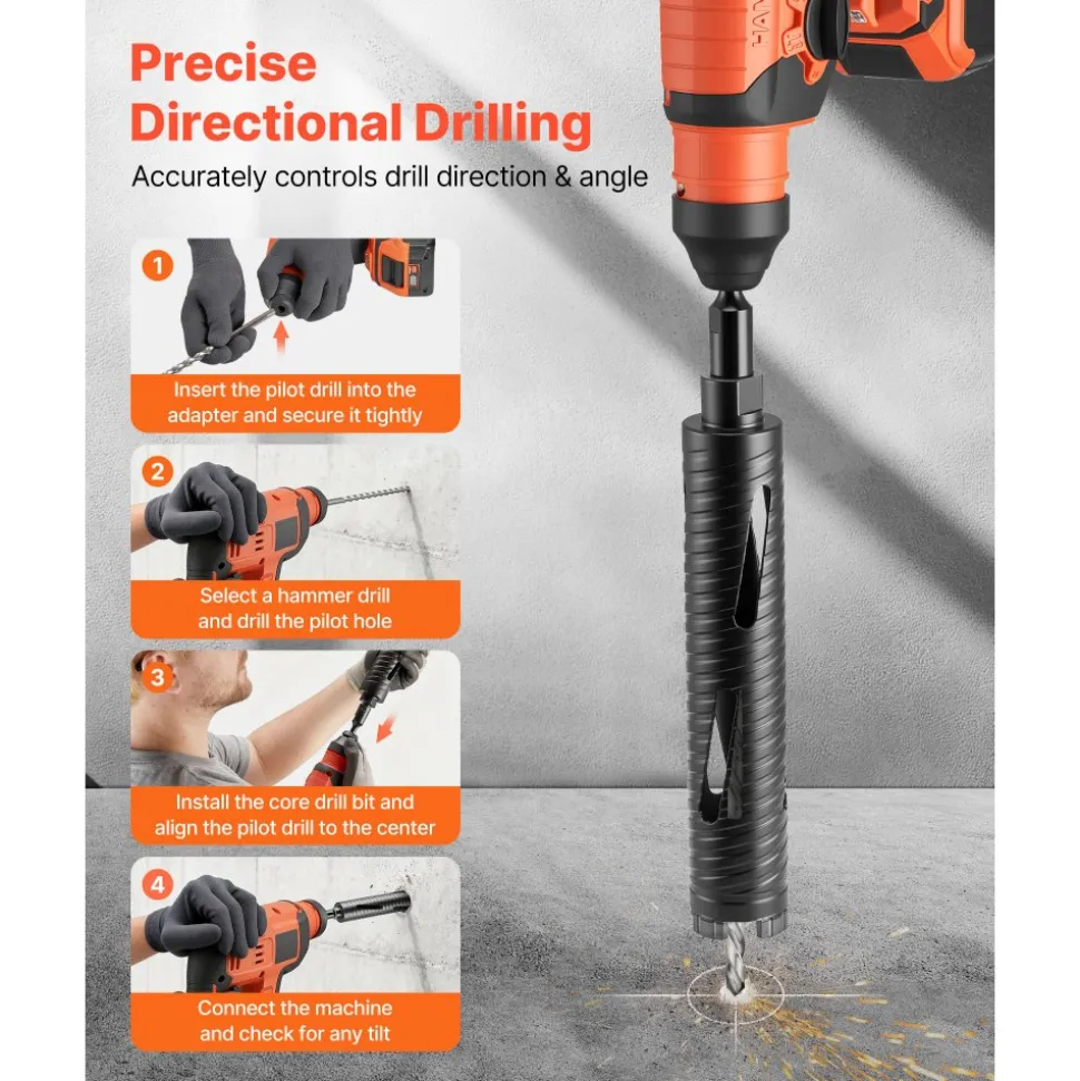 VEVOR Core Drill Bit, 2 inch Diameter, 9-1/2 inch Drilling Depth, 5/8-11 Internal Thread, Diamond Dry Coring Bit with 3 Adapters, Pilot Drill and Hex Wrench, for Concrete, Red Bricks, and Masonry