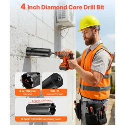 VEVOR Core Drill Bit, 4 inch Diameter, 9-1/2 inch Drilling Depth, 5/8-11 Internal Thread, Diamond Dry Coring Bit with 3 Adapters, Pilot Drill and Hex Wrench, for Concrete, Red Bricks, and Masonry