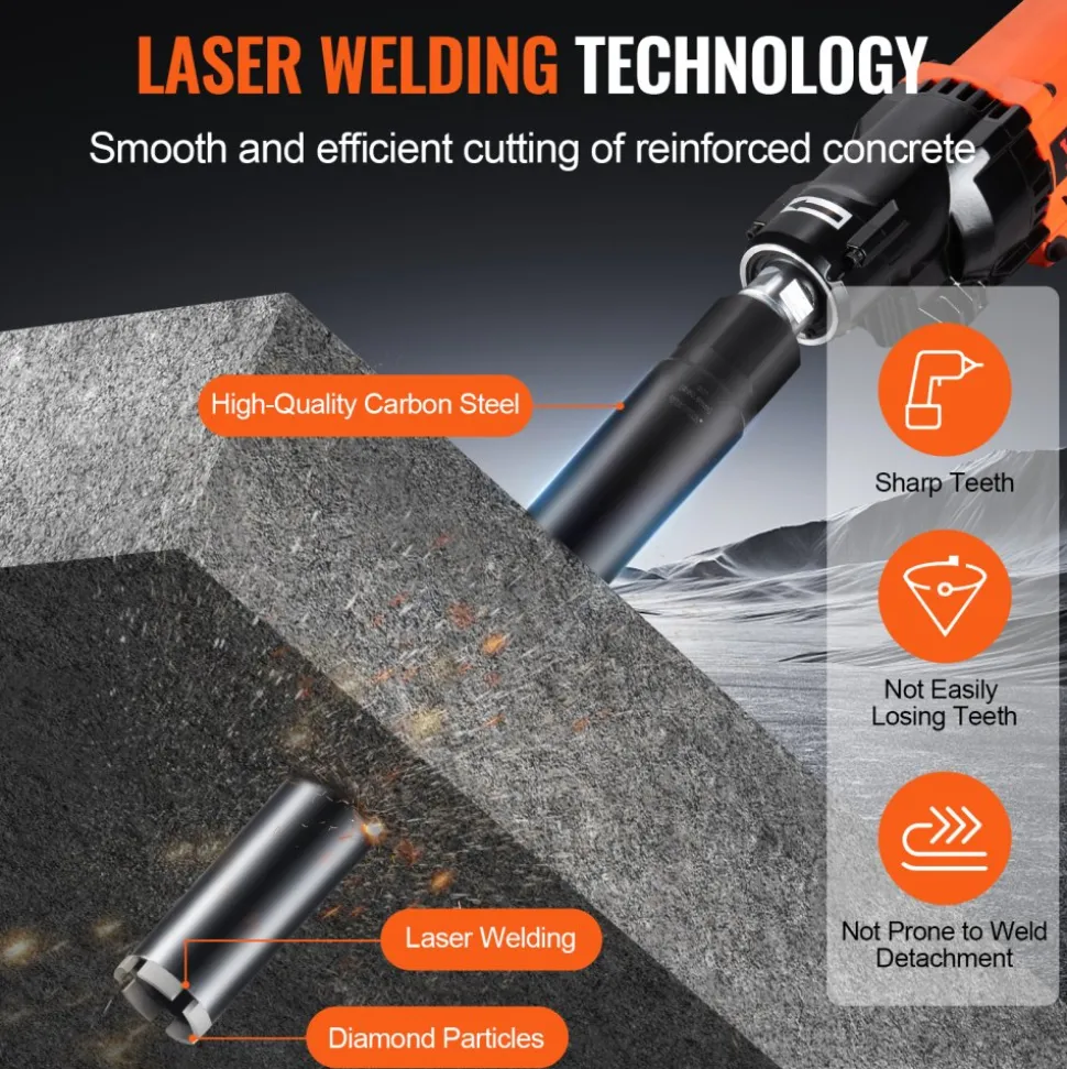 VEVOR Core Drill Bit, 2" Wet Diamond Core Drill Bits, 14" Drilling Depth Concrete Core Drill Bit with Saw Blade, 1-1/4"-7 Inner Thread, Laser Welding, Diamond Wet Coring Bit for Concrete Brick