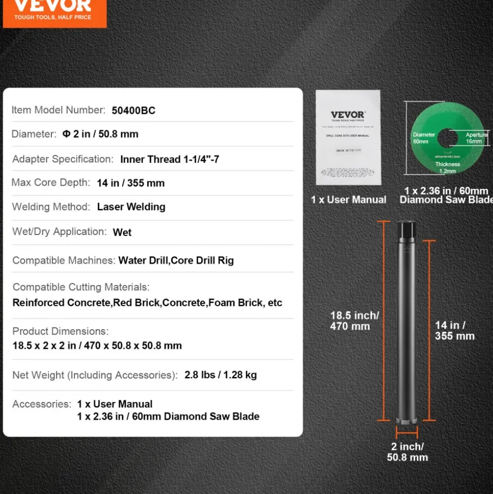 VEVOR Core Drill Bit, 2" Wet Diamond Core Drill Bits, 14" Drilling Depth Concrete Core Drill Bit with Saw Blade, 1-1/4"-7 Inner Thread, Laser Welding, Diamond Wet Coring Bit for Concrete Brick