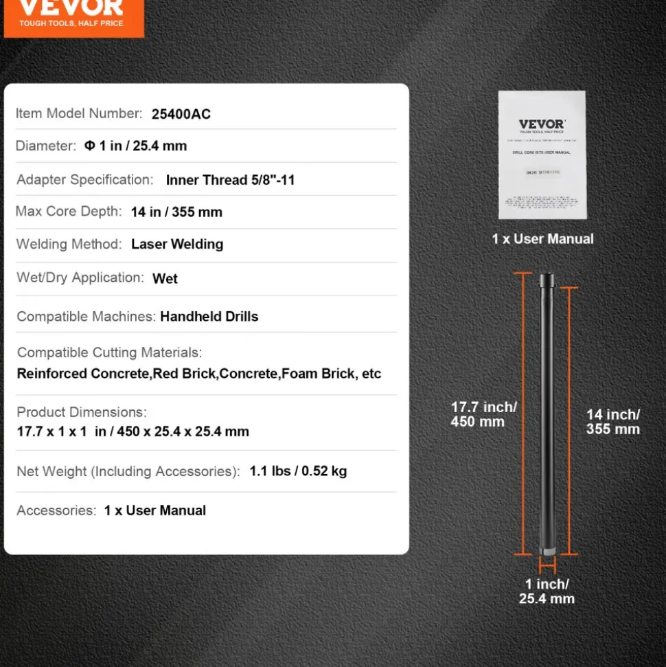 VEVOR Core Drill Bit, 1" Wet Diamond Core Drill Bits, 14" Drilling Depth Concrete Core Drill Bit, 5/8"-11 Inner Thread, Laser Welding, Diamond Wet Coring Bit for Concrete Brick and Block