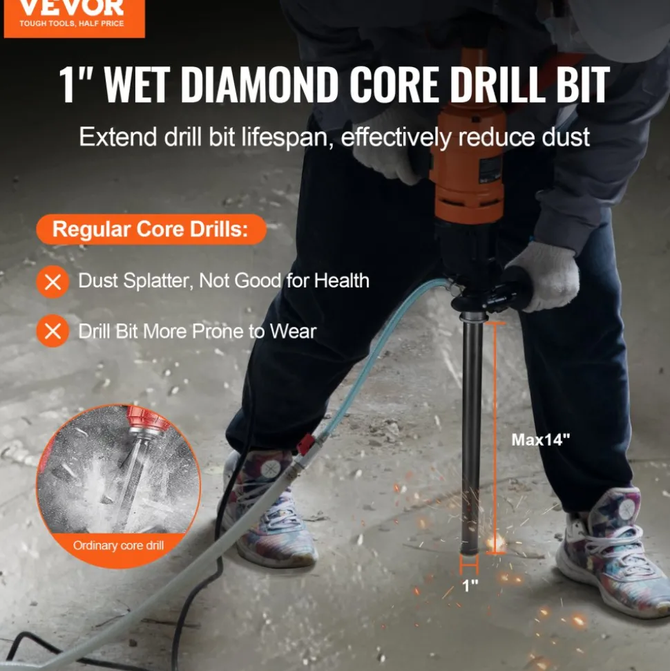 VEVOR Core Drill Bit, 1" Wet Diamond Core Drill Bits, 14" Drilling Depth Concrete Core Drill Bit, 5/8"-11 Inner Thread, Laser Welding, Diamond Wet Coring Bit for Concrete Brick and Block