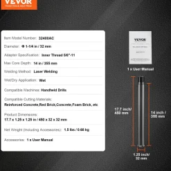 VEVOR Core Drill Bit, 1-1/4" Wet Diamond Core Drill Bits, 14" Drilling Depth Concrete Core Drill Bit, 5/8"-11 Inner Thread, Laser Welding, Diamond Wet Coring Bit for Concrete Brick and Block