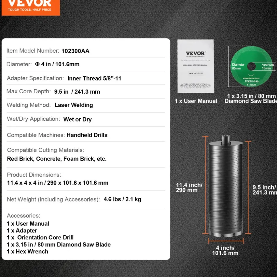 VEVOR Core Drill Bit, 4" Wet/Dry Diamond Core Drill Bits for Brick and Block, Concrete Core Drill Bit with Pilot Bit Adapter and Saw Blade, 9.5" Drilling Depth, 5/8"-11 Inner Thread, Laser Welding