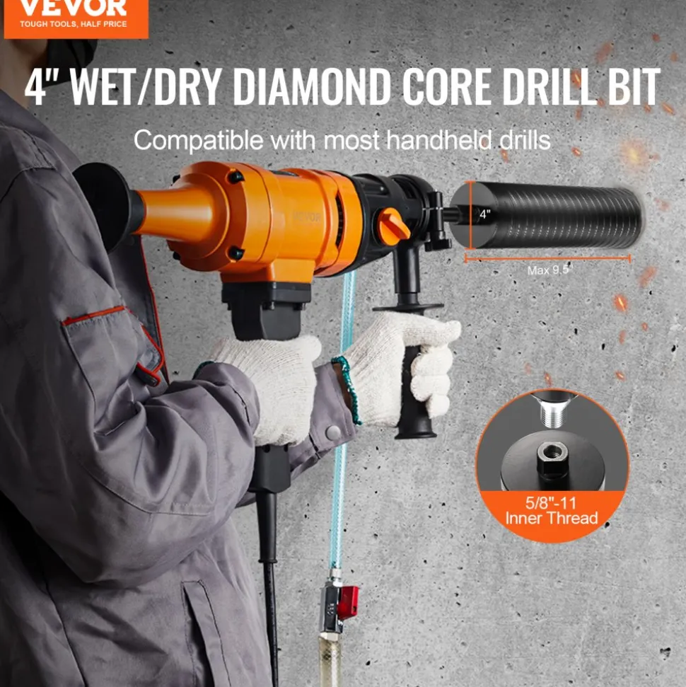 VEVOR Core Drill Bit, 4" Wet/Dry Diamond Core Drill Bits for Brick and Block, Concrete Core Drill Bit with Pilot Bit Adapter and Saw Blade, 9.5" Drilling Depth, 5/8"-11 Inner Thread, Laser Welding