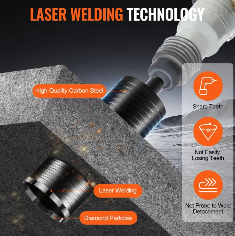 VEVOR Core Drill Bit, 4" Wet/Dry Diamond Core Drill Bits for Brick and Block, Concrete Core Drill Bit with Pilot Bit Adapter and Saw Blade, 9.5" Drilling Depth, 5/8"-11 Inner Thread, Laser Welding