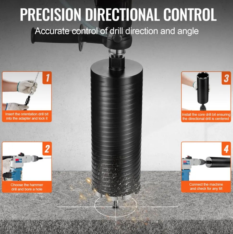 VEVOR Core Drill Bit, 4" Wet/Dry Diamond Core Drill Bits for Brick and Block, Concrete Core Drill Bit with Pilot Bit Adapter and Saw Blade, 9.5" Drilling Depth, 5/8"-11 Inner Thread, Laser Welding