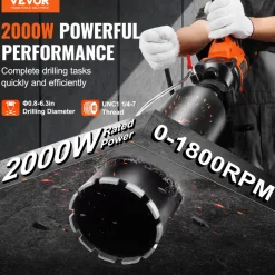 VEVOR Core Drill Machine, 0.8-6.3in Drilling Diameter Handheld Diamond Core Drill Rig with Stand and Core Drill Bit, 2000W Rugged Concrete Core Drill, Wet and Dry Use, For Concrete, Brick, Marble