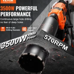 VEVOR Core Drill Machine, 0.8-11.8in Drilling Diameter Diamond Core Drill Rig with Stand and Core Drill Bit, 3500W Rugged Concrete Core Drill, Wet and Dry Use, For Concrete, Brick, Marble