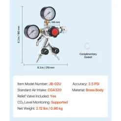 VEVOR CO2 Regulator, Dual-Gauge Dual-Valve Beer Keg Regulator, 0–60 PSI Adjustable Pressure, Heavy-Duty CO2 Tank Gas Regulator with 2 Check Valves, for Draft Beer Homebrewing, Fits CGA320 Interface