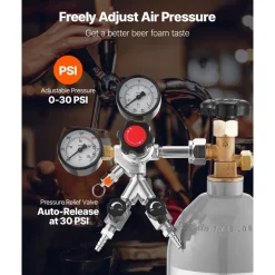 VEVOR CO2 Regulator, Dual-Gauge Dual-Valve Beer Keg Regulator, 0–60 PSI Adjustable Pressure, Heavy-Duty CO2 Tank Gas Regulator with 2 Check Valves, for Draft Beer Homebrewing, Fits CGA320 Interface