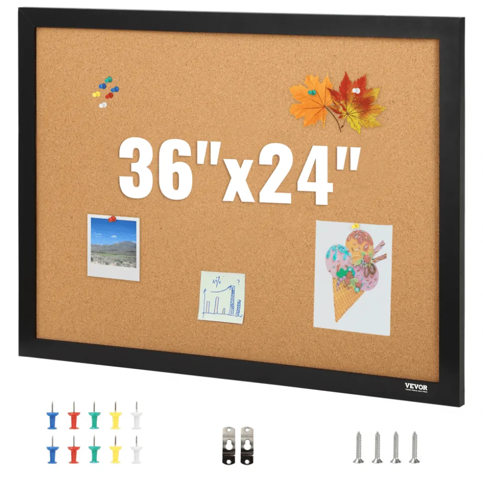 VEVOR Cork Board, 36x24 inches Bulletin Board with MDF Sticker Frame, Vision Board Includes 10 Pushpins, for Display and Decoration in Office Home and School