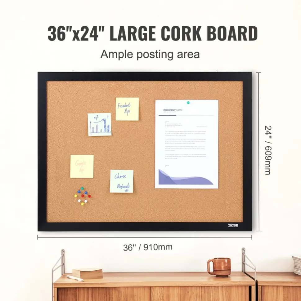 VEVOR Cork Board, 36x24 inches Bulletin Board with MDF Sticker Frame, Vision Board Includes 10 Pushpins, for Display and Decoration in Office Home and School