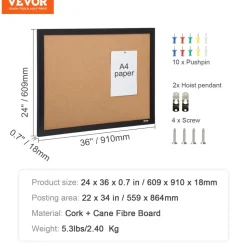 VEVOR Cork Board, 36x24 inches Bulletin Board with MDF Sticker Frame, Vision Board Includes 10 Pushpins, for Display and Decoration in Office Home and School