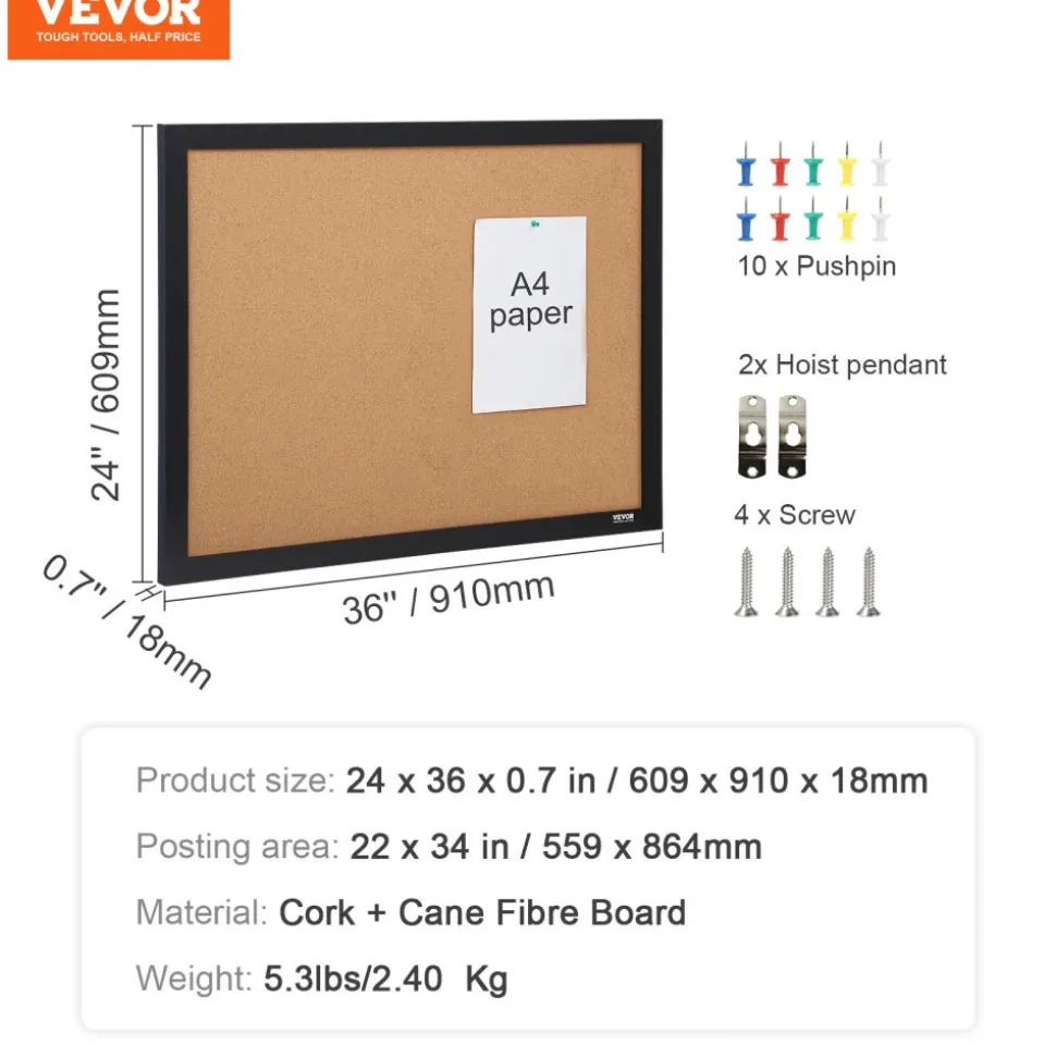VEVOR Cork Board, 36x24 inches Bulletin Board with MDF Sticker Frame, Vision Board Includes 10 Pushpins, for Display and Decoration in Office Home and School