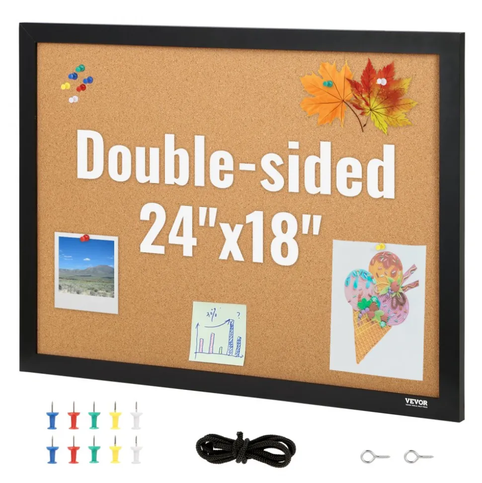 VEVOR Cork Board, 24 x 18 inches, Double-sided Bulletin Board with MDF Sticker Frame, Vision Board Includes 10 Pushpins, for Display and Decoration in Office Home and School