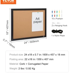 VEVOR Cork Board, 24 x 18 inches, Double-sided Bulletin Board with MDF Sticker Frame, Vision Board Includes 10 Pushpins, for Display and Decoration in Office Home and School