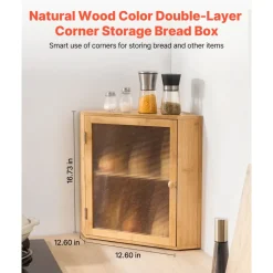 VEVOR Corner Bread Box for Kitchen Counter, Double Layer Large Capacity Bamboo Bread Storage Container, Farmhouse Wooden Breadbox for Homemade Bread, Storage Holder Bin with Acrylic Wavy Door, Natural