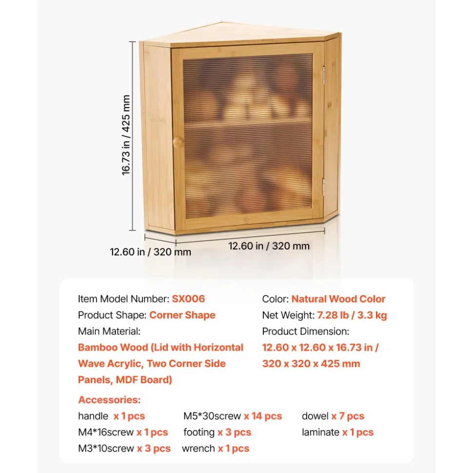 VEVOR Corner Bread Box for Kitchen Counter, Double Layer Large Capacity Bamboo Bread Storage Container, Farmhouse Wooden Breadbox for Homemade Bread, Storage Holder Bin with Acrylic Wavy Door, Natural