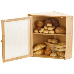 VEVOR Corner Bread Box for Kitchen Counter, Double Layer Large Capacity Bamboo Bread Storage Container, Farmhouse Wooden Breadbox for Homemade Bread, Storage Holder Bin with Acrylic Wavy Door, Natural