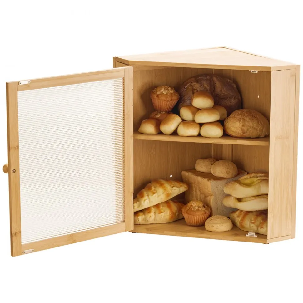 VEVOR Corner Bread Box for Kitchen Counter, Double Layer Large Capacity Bamboo Bread Storage Container, Farmhouse Wooden Breadbox for Homemade Bread, Storage Holder Bin with Acrylic Wavy Door, Natural