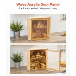 VEVOR Corner Bread Box for Kitchen Counter, Double Layer Large Capacity Bamboo Bread Storage Container, Farmhouse Wooden Breadbox for Homemade Bread, Storage Holder Bin with Acrylic Wavy Door, Natural