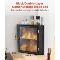 VEVOR Corner Bread Box for Kitchen Counter, Double Layer Large Capacity Bamboo Bread Storage Container, Farmhouse Wooden Breadbox for Homemade Bread, Storage Holder Bin with Acrylic Wavy Door, Black