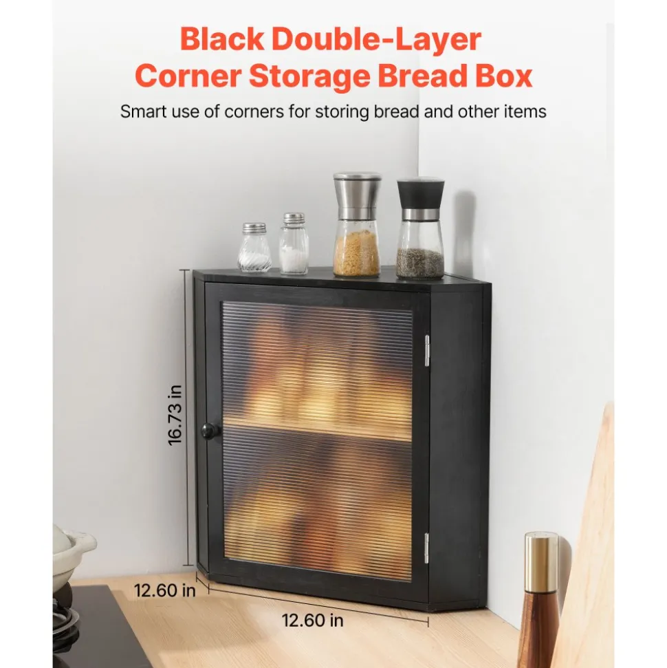 VEVOR Corner Bread Box for Kitchen Counter, Double Layer Large Capacity Bamboo Bread Storage Container, Farmhouse Wooden Breadbox for Homemade Bread, Storage Holder Bin with Acrylic Wavy Door, Black