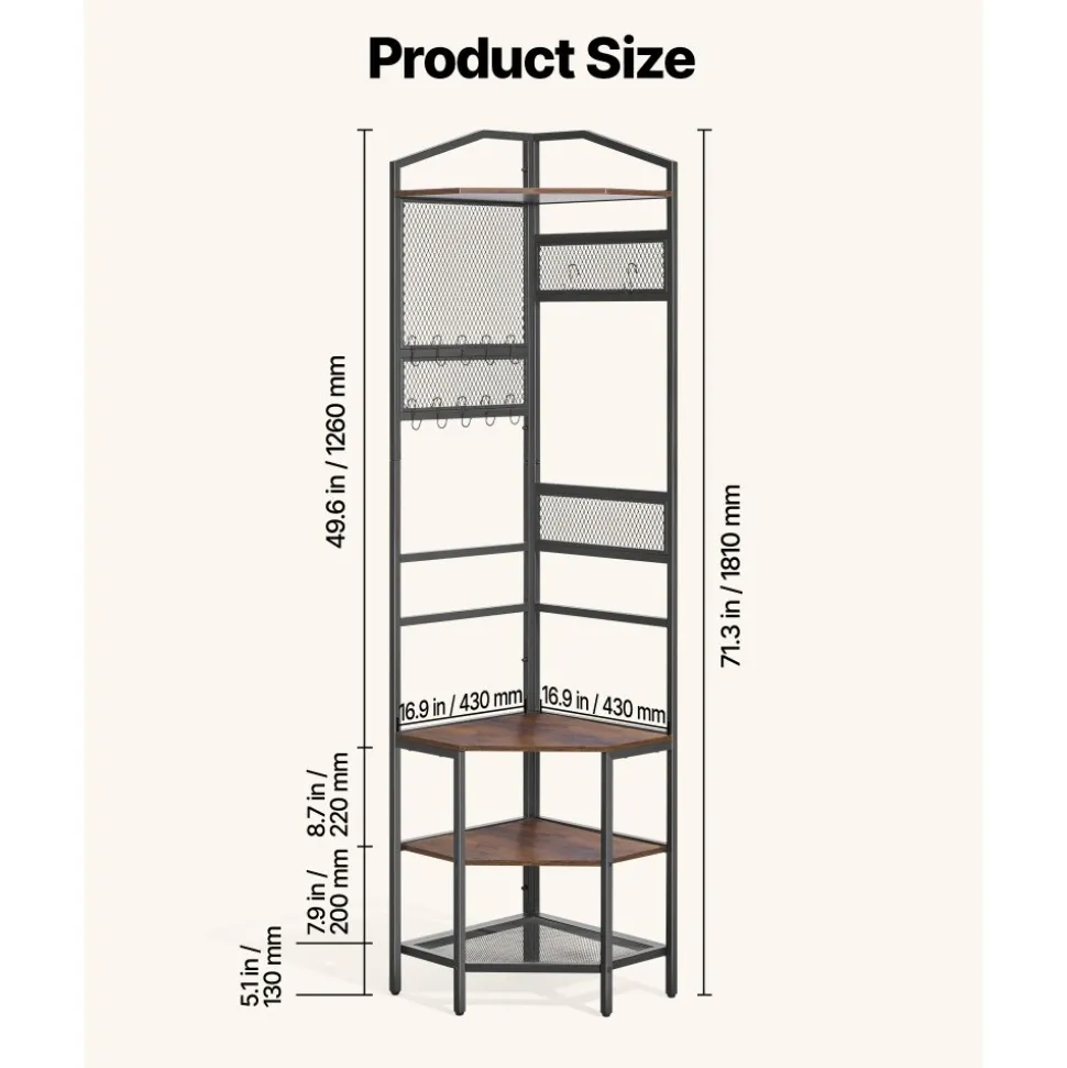 VEVOR Corner Hall Tree, 71.3 in Coat Rack with Hooks, Top Shelf & Steel Frame, Freestanding Clothes Shoes Rack Storage Organizer with Anti-Tip Set, Adjustable Non-Slip Feet for Entrance Closet Office