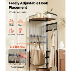 VEVOR Corner Hall Tree, 71.3 in Coat Rack with Hooks, Top Shelf & Steel Frame, Freestanding Clothes Shoes Rack Storage Organizer with Anti-Tip Set, Adjustable Non-Slip Feet for Entrance Closet Office
