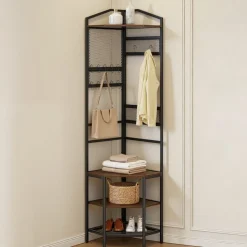 VEVOR Corner Hall Tree, 71.3 in Coat Rack with Hooks, Top Shelf & Steel Frame, Freestanding Clothes Shoes Rack Storage Organizer with Anti-Tip Set, Adjustable Non-Slip Feet for Entrance Closet Office