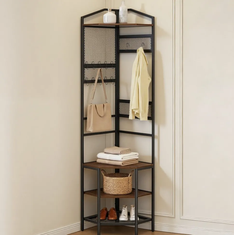 VEVOR Corner Hall Tree, 71.3 in Coat Rack with Hooks, Top Shelf & Steel Frame, Freestanding Clothes Shoes Rack Storage Organizer with Anti-Tip Set, Adjustable Non-Slip Feet for Entrance Closet Office