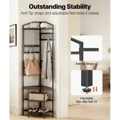 VEVOR Corner Hall Tree, 71.3 in Coat Rack with Hooks, Top Shelf & Steel Frame, Freestanding Clothes Shoes Rack Storage Organizer with Anti-Tip Set, Adjustable Non-Slip Feet for Entrance Closet Office