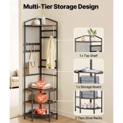 VEVOR Corner Hall Tree, 71.3 in Coat Rack with Hooks, Top Shelf & Steel Frame, Freestanding Clothes Shoes Rack Storage Organizer with Anti-Tip Set, Adjustable Non-Slip Feet for Entrance Closet Office