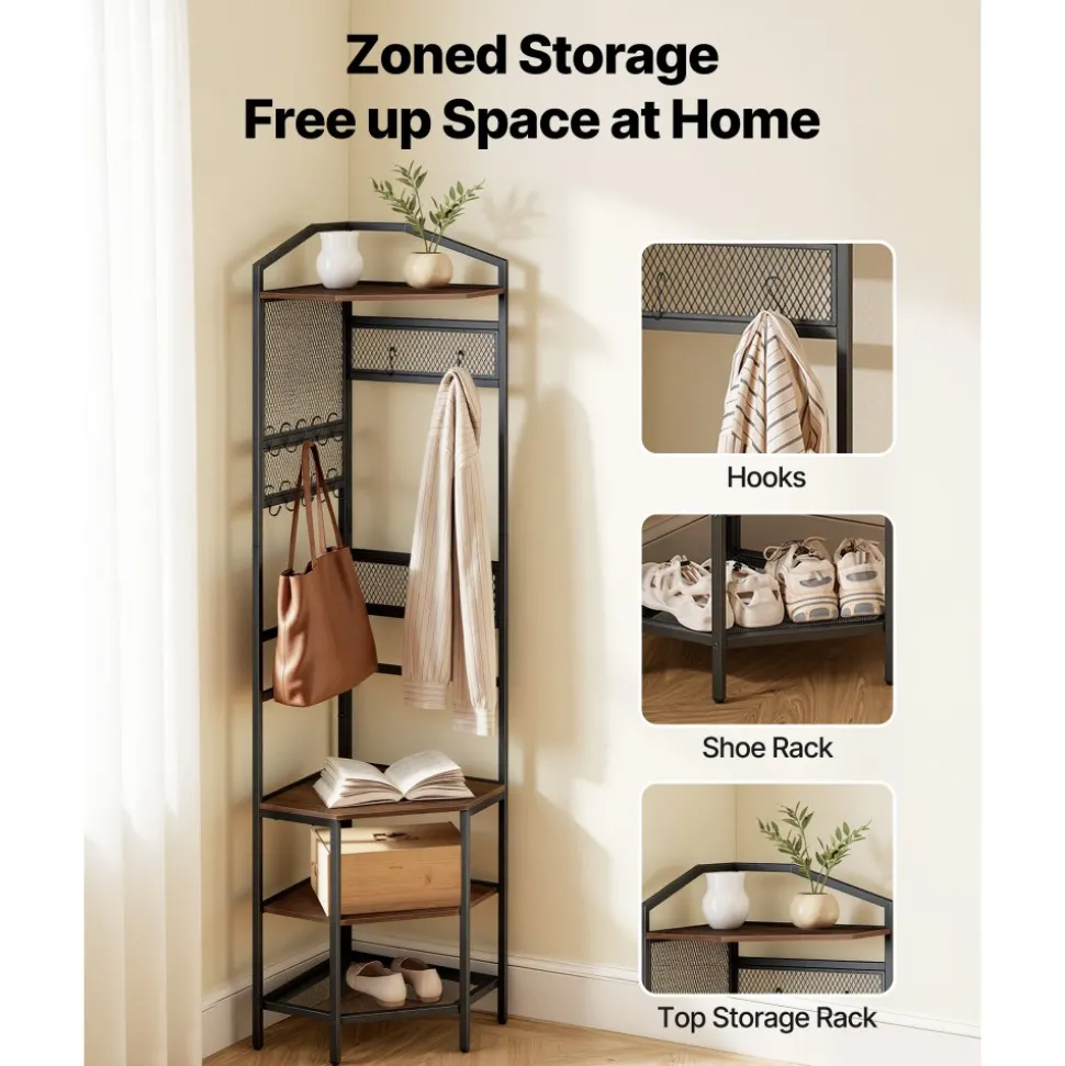 VEVOR Corner Hall Tree, 71.3 in Coat Rack with Hooks, Top Shelf & Steel Frame, Freestanding Clothes Shoes Rack Storage Organizer with Anti-Tip Set, Adjustable Non-Slip Feet for Entrance Closet Office