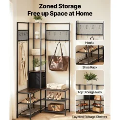 VEVOR Corner Hall Tree with Shoe Bench, 70.9 in Coat Rack with Hooks and Steel Frame, Freestanding Clothes Shoes Rack Storage Organizer with Anti-Tip Set, for Entrance, Closet, Office, Rustic Brown